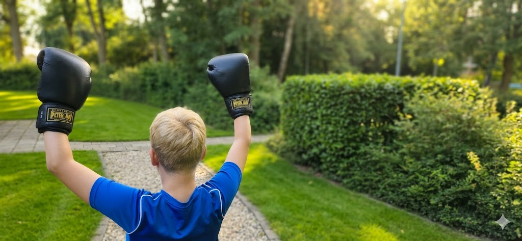 Kind met bokshandschoenen — weerbaarheid